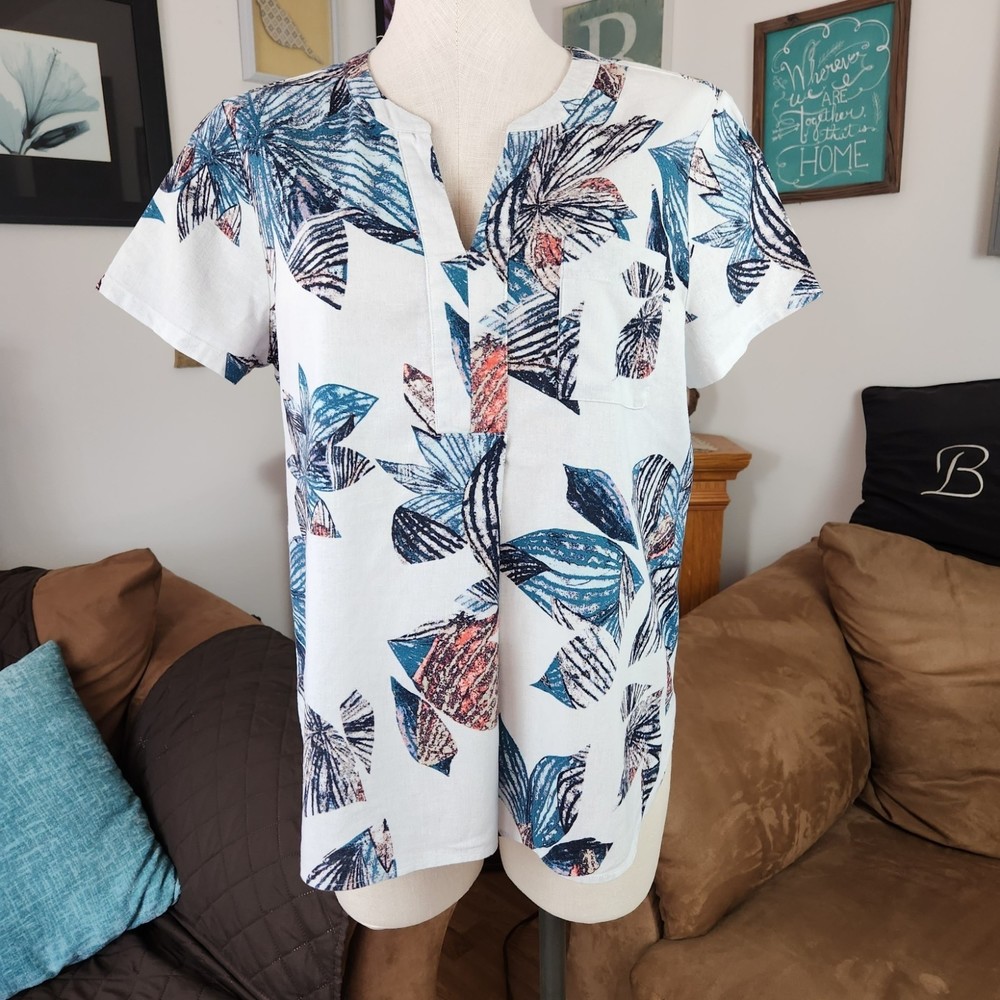 Van Heusen Tropical Print Linen Blend Popover Top Size L